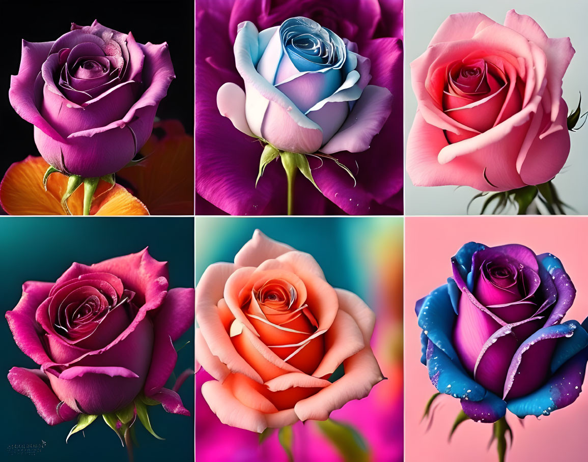 Six vibrant roses with water droplets on contrasting backgrounds