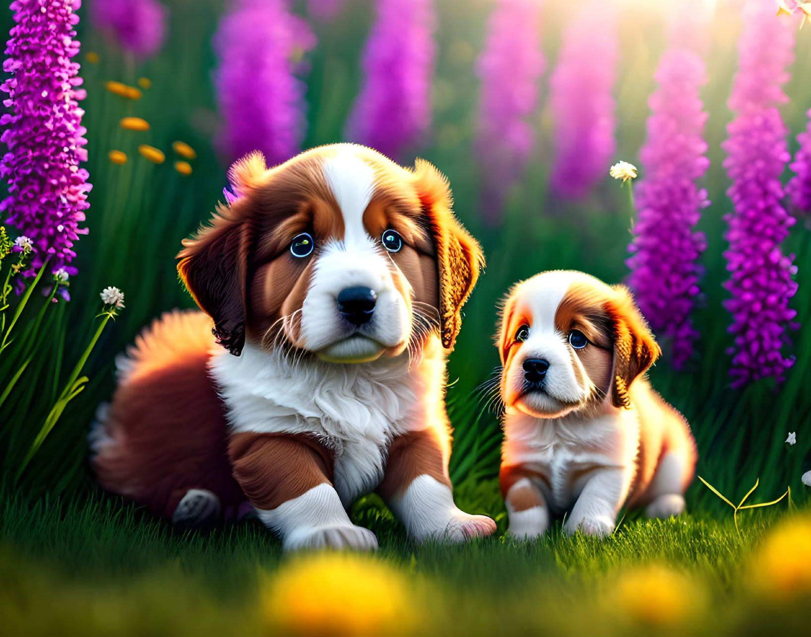 Adorable puppies playing in colorful flower garden with sunlight filtering through