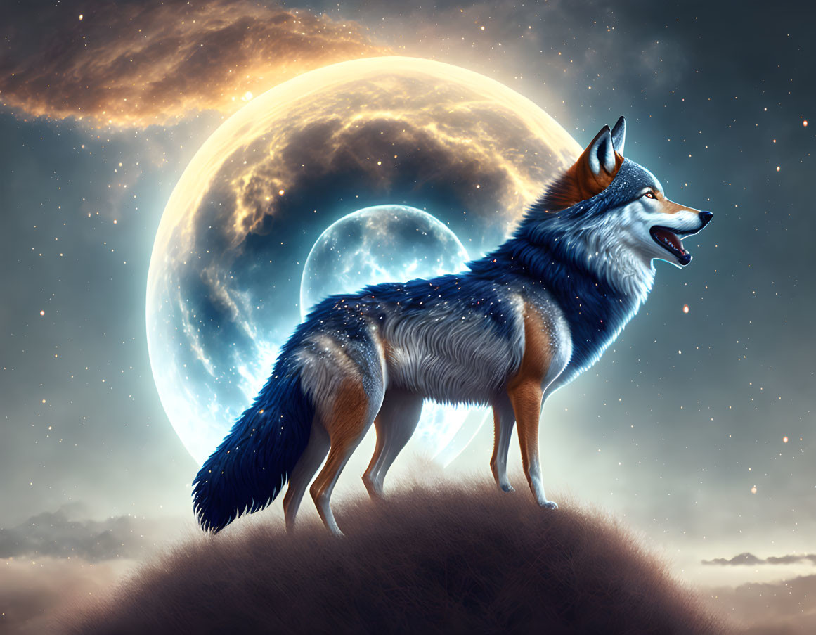 Majestic blue wolf on hill under two moons in starry sky
