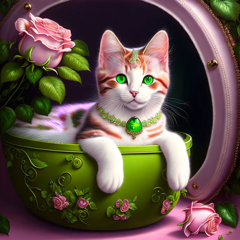 Illustration of Calico Cat with Jewelry in Ornate Bowl on Purple Background
