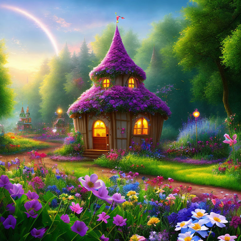 Whimsical cottage with purple thatched roof in vibrant, flower-filled clearing
