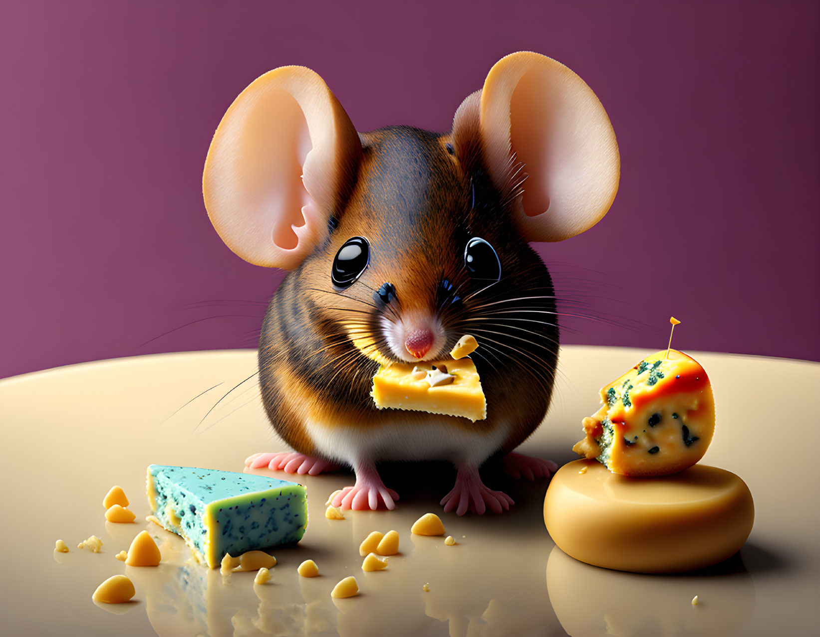 Cartoonish mouse surrounded by cheese types and crumbs