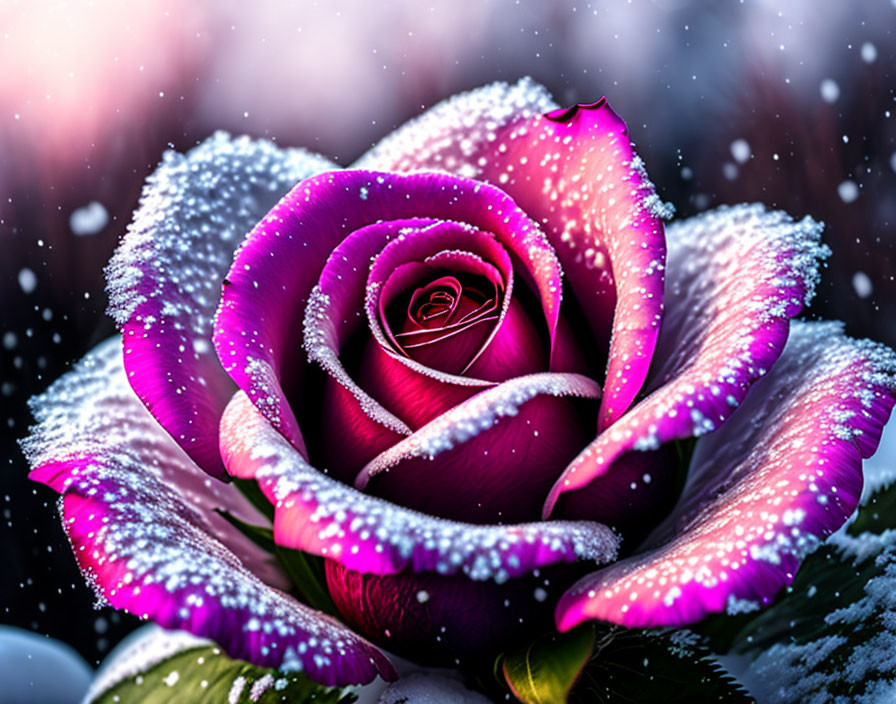 Vibrant pink rose with snowflakes on petals in glittering snow bokeh