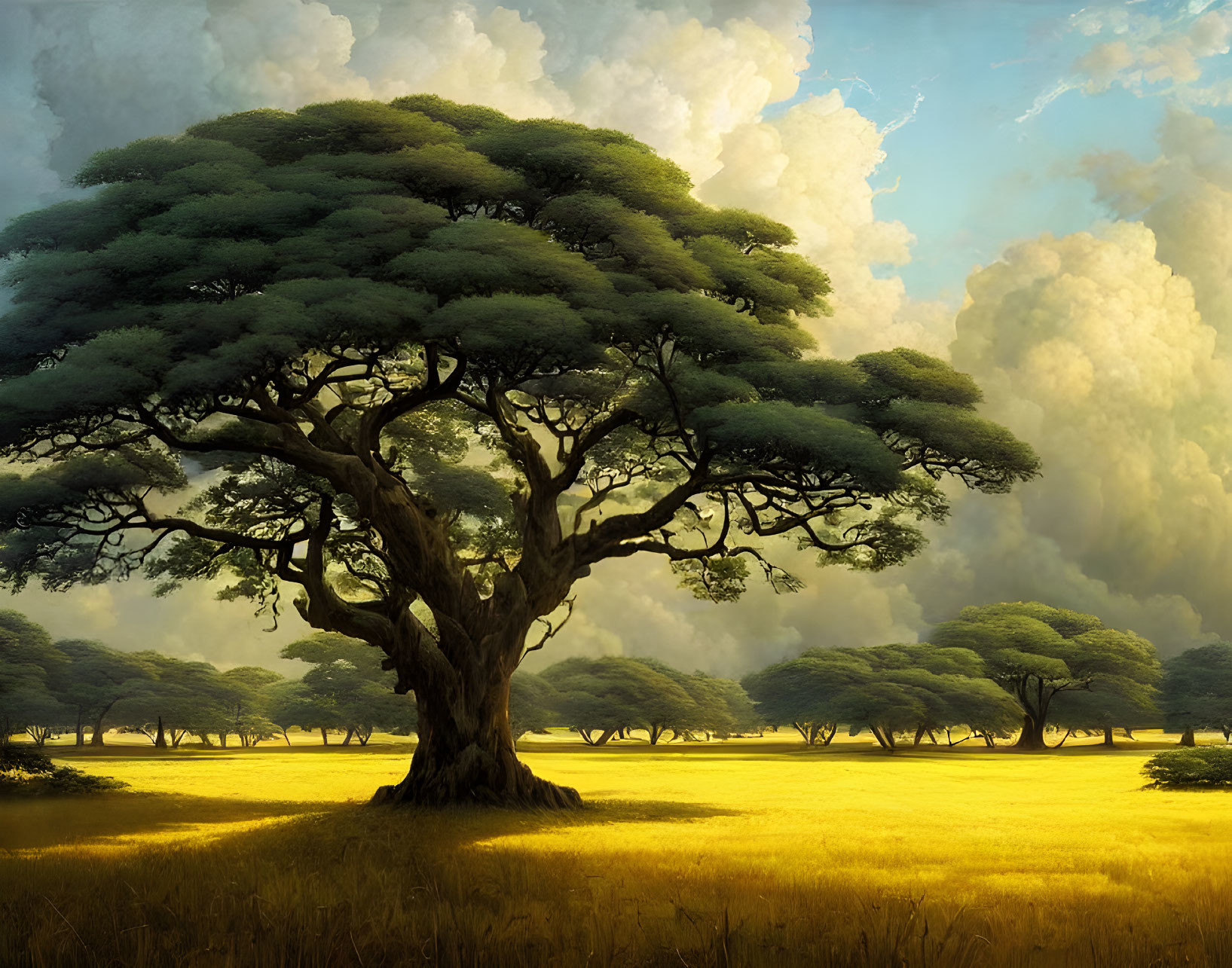 Majestic tree with wide canopy in sunlit savannah landscape