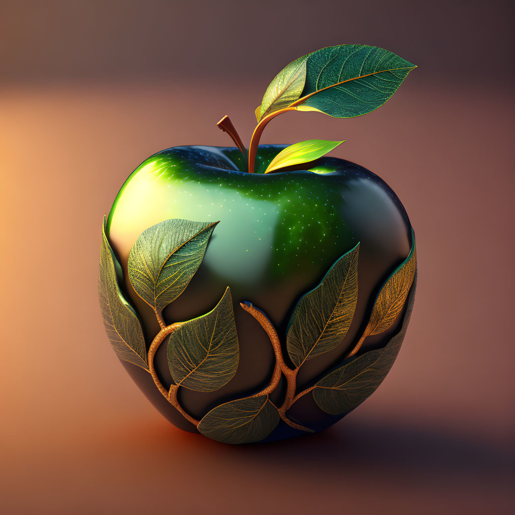 Glossy apple with starry sky pattern and leaves in digital illustration