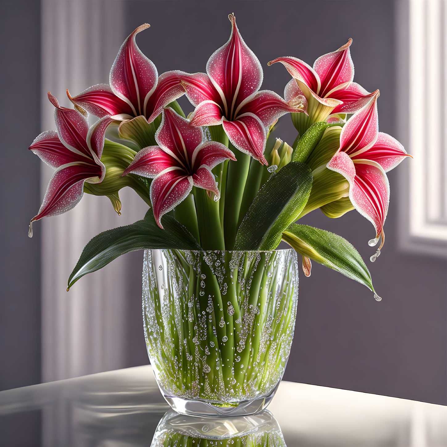 Pink and White Lilies Bouquet in Clear Vase on Reflective Surface