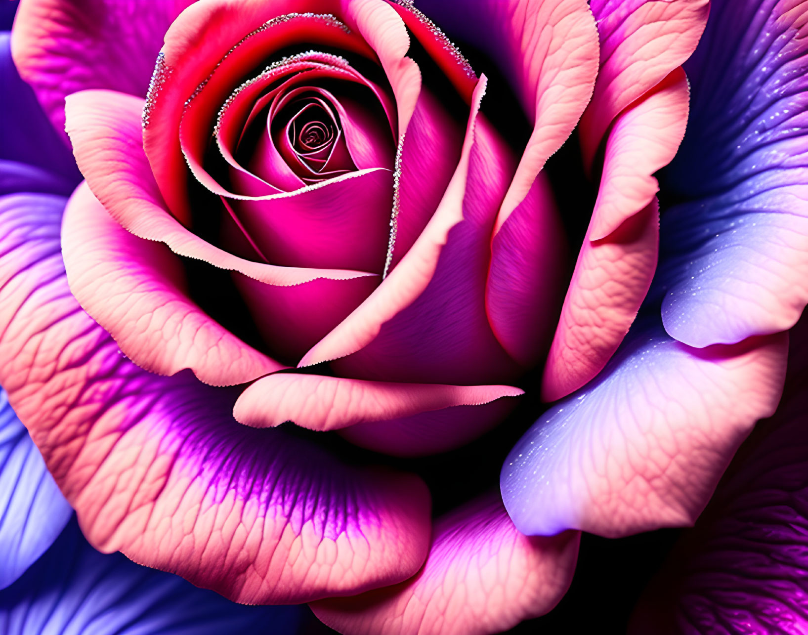 Vibrant pink and purple rose with delicate water droplets