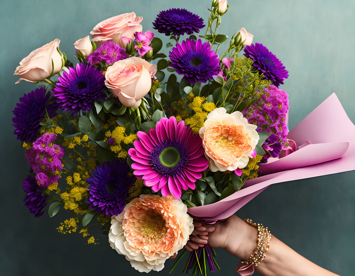 Colorful Flower Bouquet with Roses, Gerberas, Peonies, and Foliage