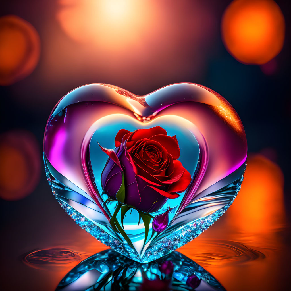 Glass heart with red rose on warm bokeh background