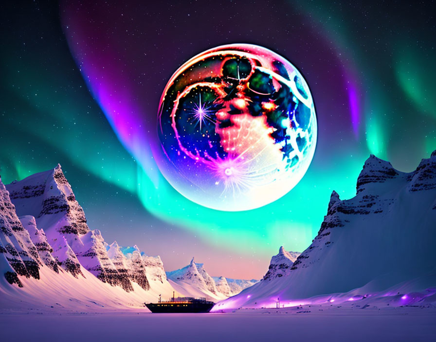 Digital artwork: Snow-covered landscape with ship, aurora borealis, and surreal planet.