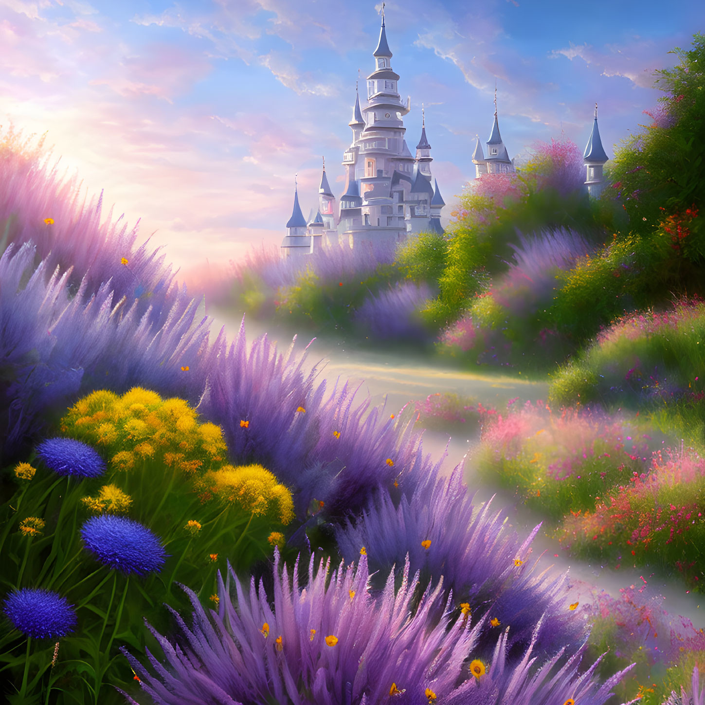 Fairytale Castle Surrounded by Purple and Pink Flowers at Sunrise