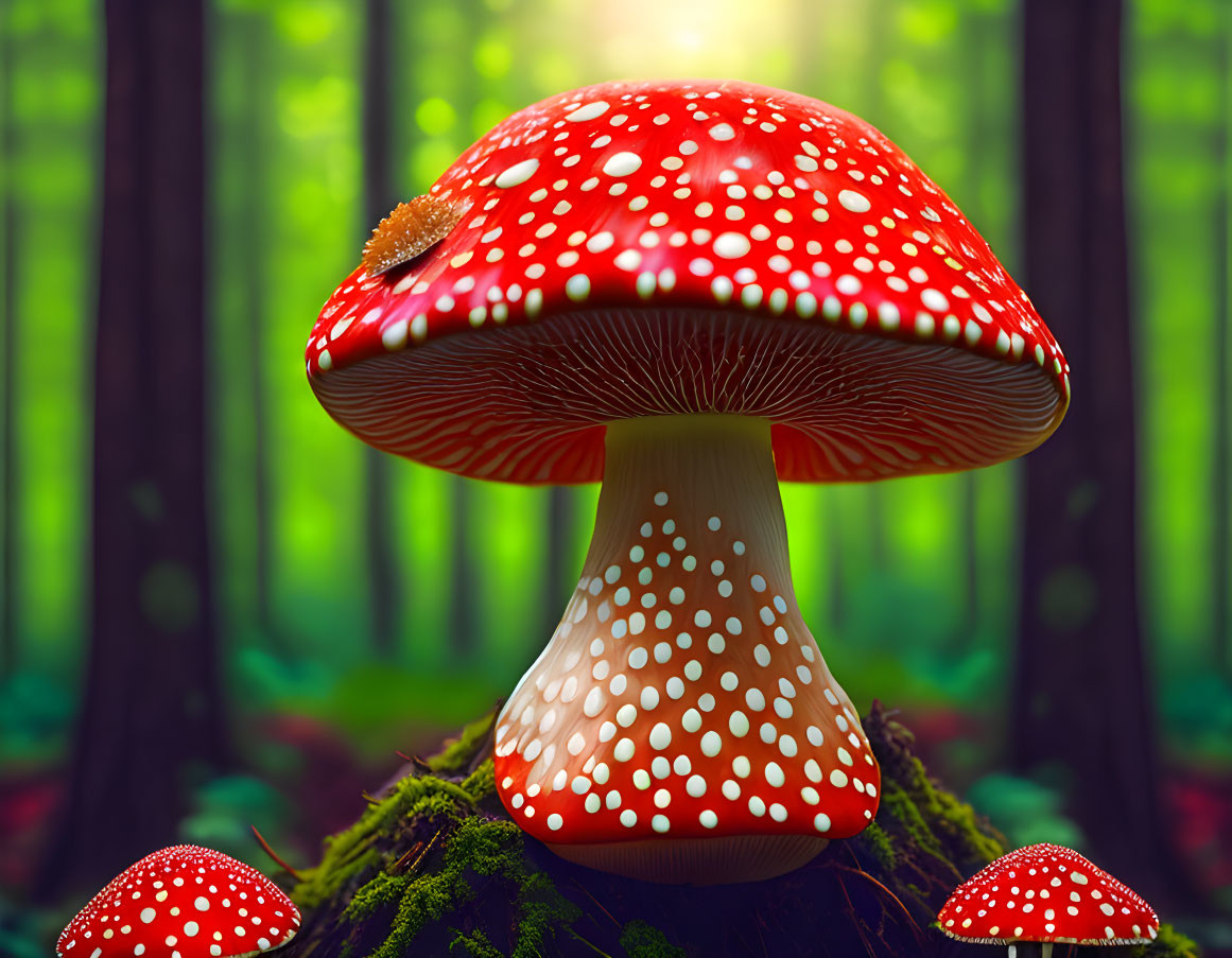 Colorful red mushroom with white spots in green forest landscape