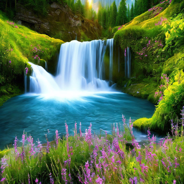 Scenic landscape with cascading waterfall and wildflowers