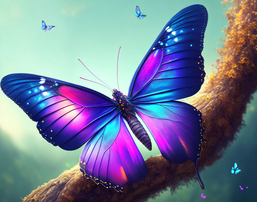 Digitally-rendered blue and purple butterfly in magical forest setting