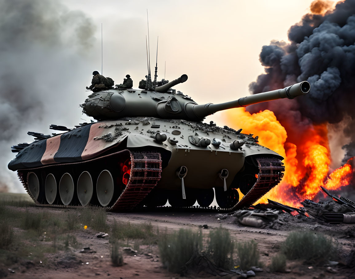Military tank with soldiers moving away from fire and smoke in desolate dusk landscape