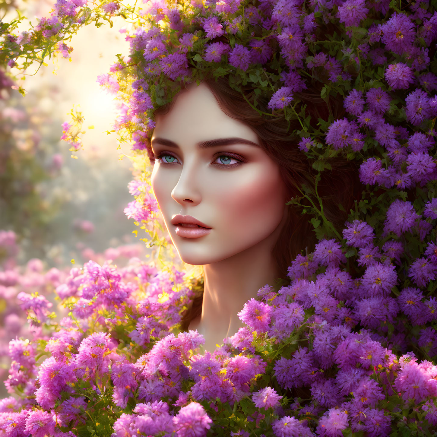 Digital Illustration: Woman with Purple Flower Crown in Magical Setting