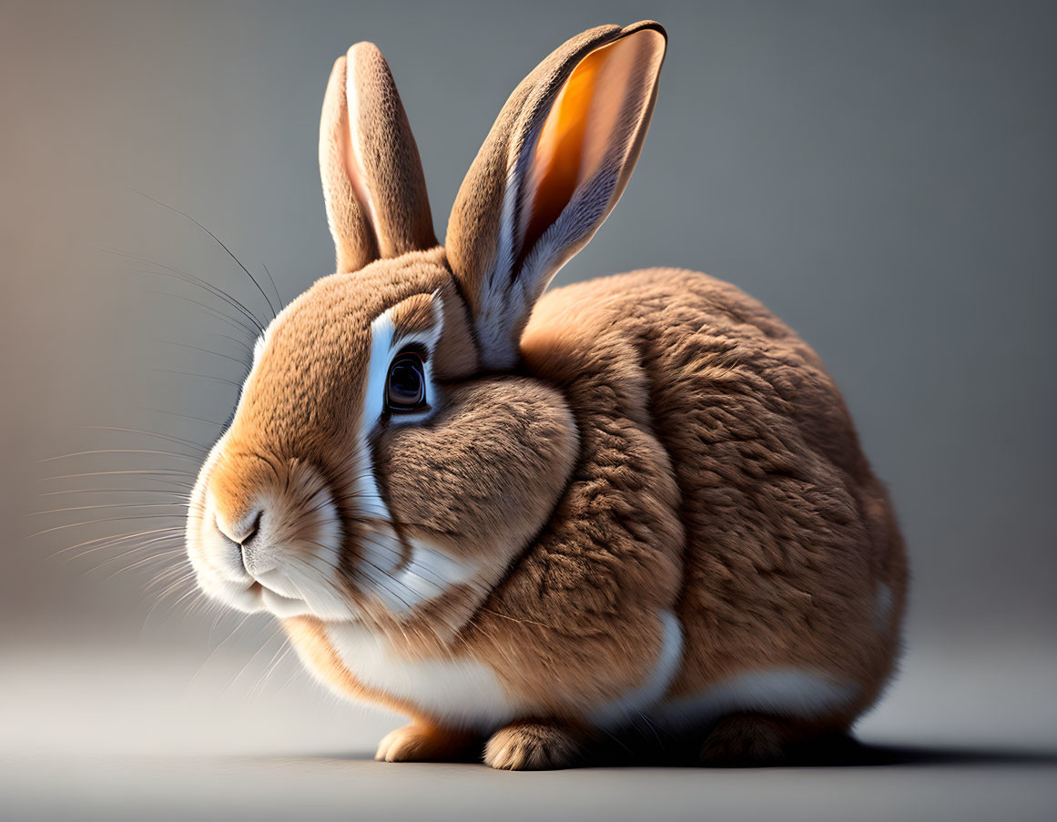 Brown Rabbit with Large Ears and Expressive Eyes on Gray Background