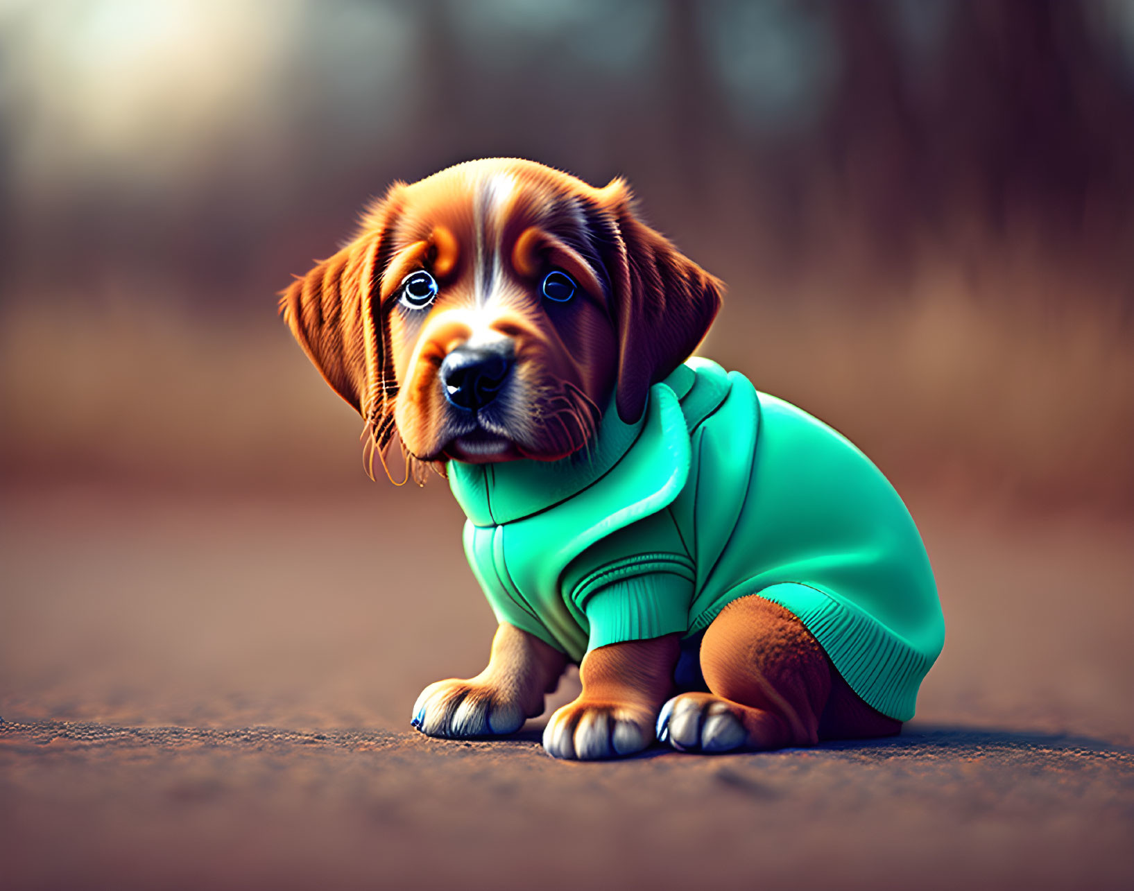 Brown Puppy in Teal Hoodie Sitting on Path