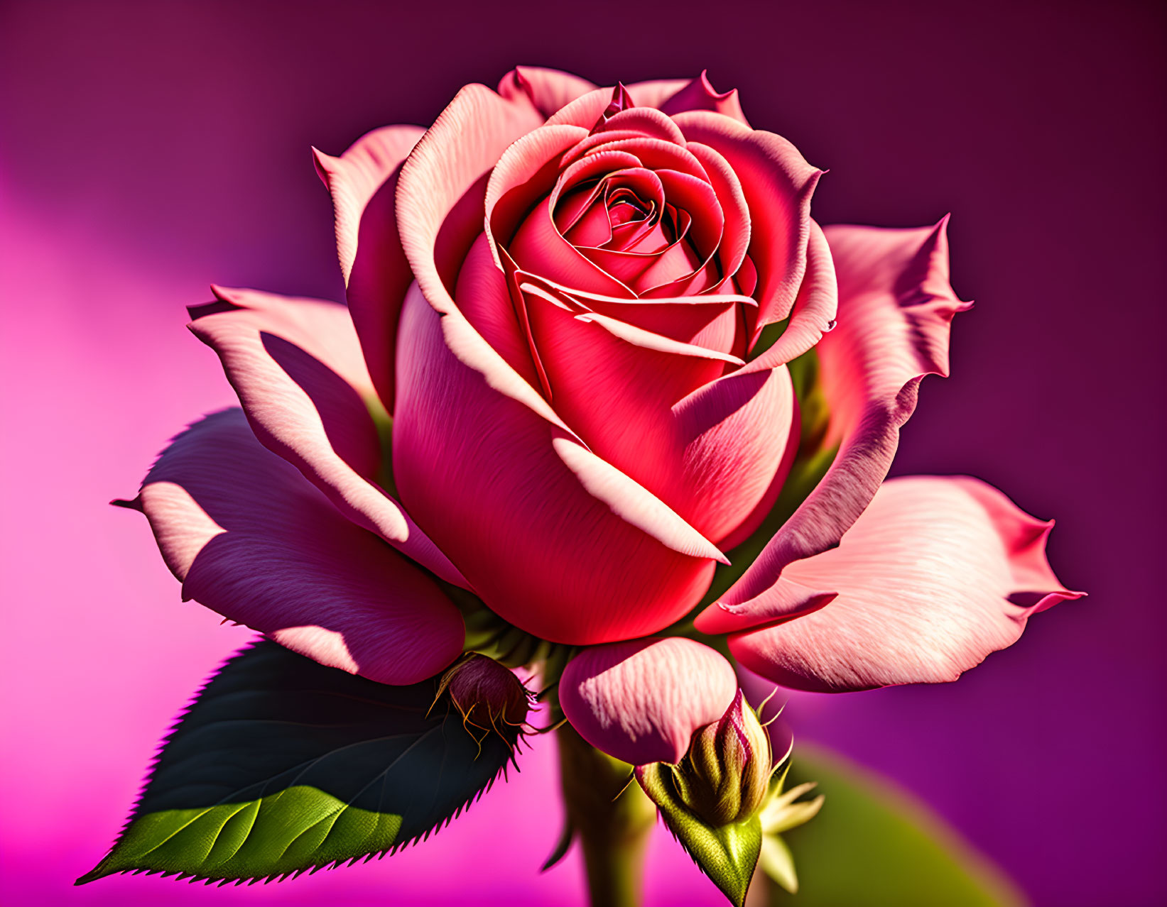 Vibrant pink rose with delicate petals on purple background
