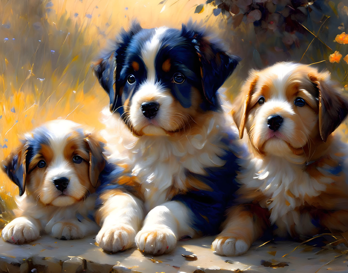 Fluffy fur puppies in golden-hued backdrop with sunlight patches