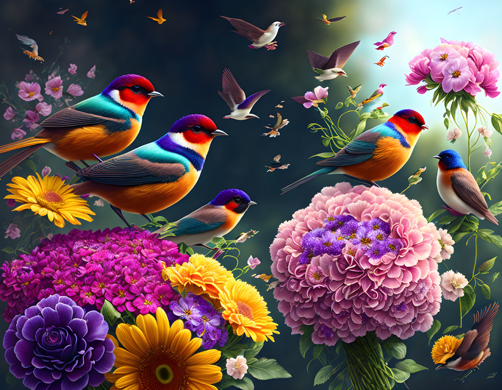Colorful birds and flowers illustration with insects on blue sky