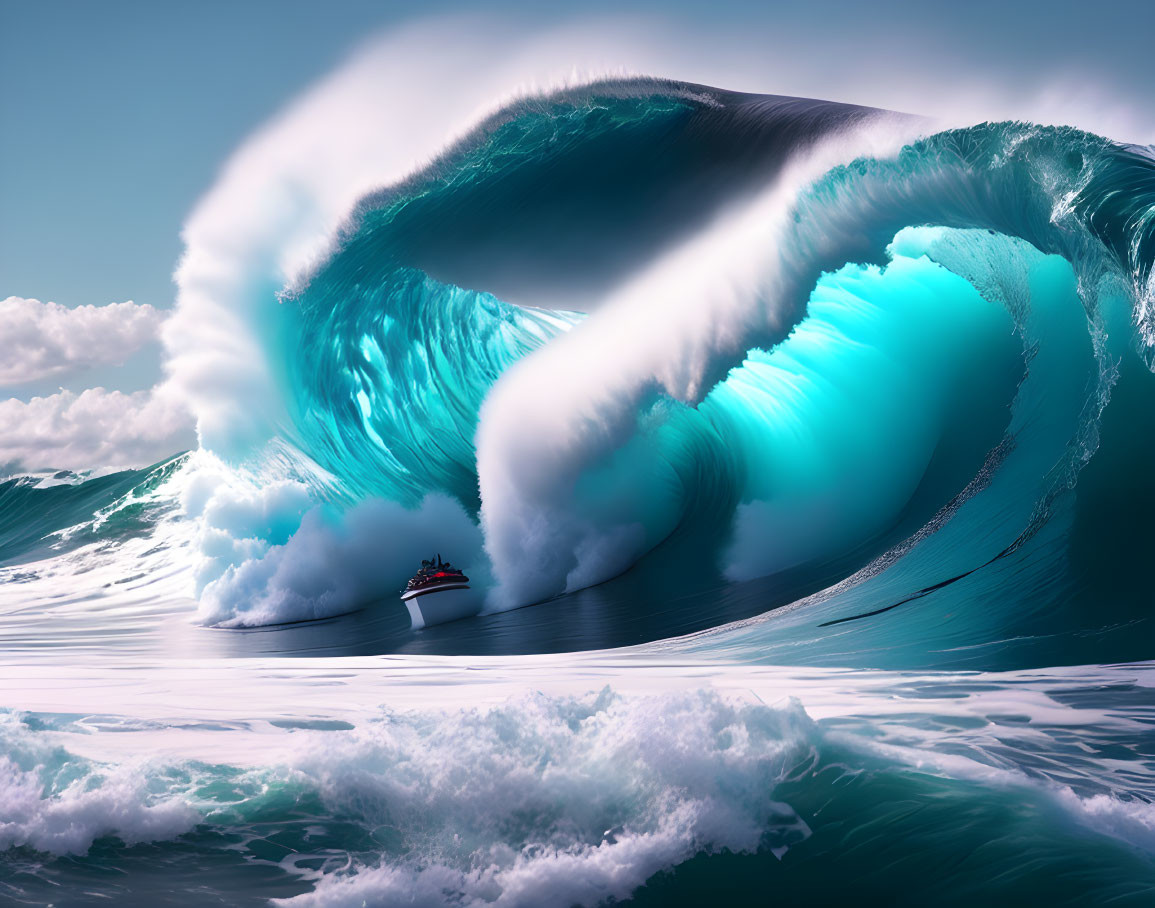 Majestic ocean wave over small boat in stormy sea