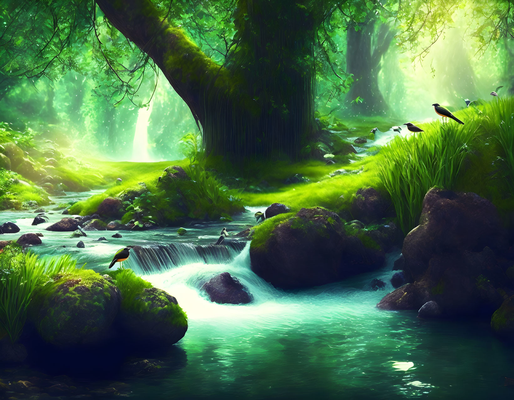 Tranquil forest stream with moss-covered rocks and birds