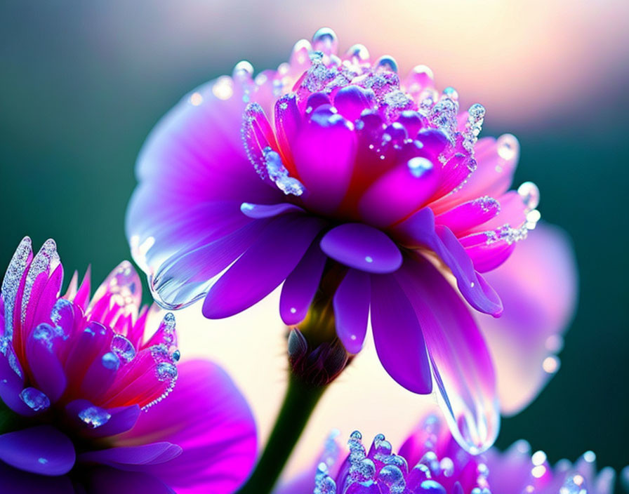 Vivid Purple Flowers with Water Droplets on Petals in Soft Focus