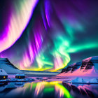 Colorful aurora borealis above snowy landscape with cozy houses and frozen lake