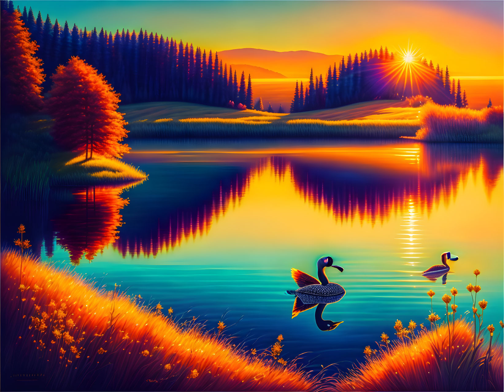 Serene lake landscape at sunset with ducks, lush forests, and autumn trees