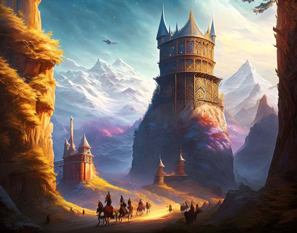 Fantastical landscape featuring castle, spaceship, riders, forest, mountains