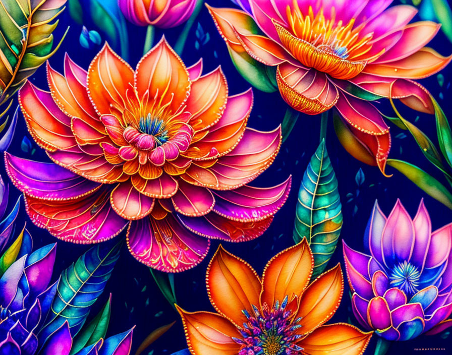 Colorful Lotus Flower Illustration with Intricate Details on Dark Background