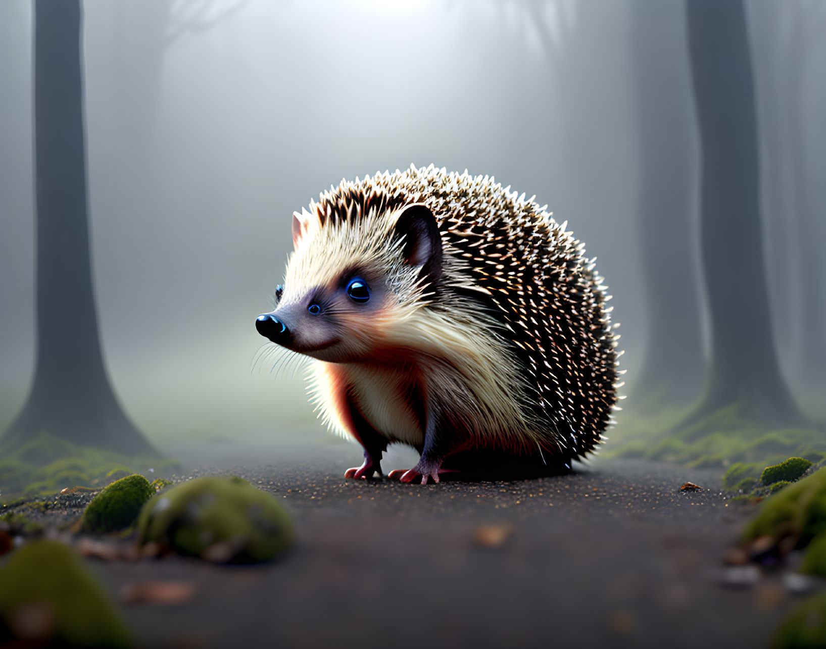 Adorable hedgehog in misty forest setting among trees and rocks
