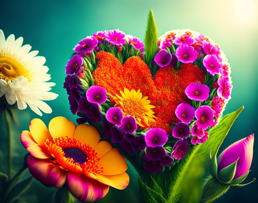 Colorful Heart-Shaped Flower Arrangement on Teal Background