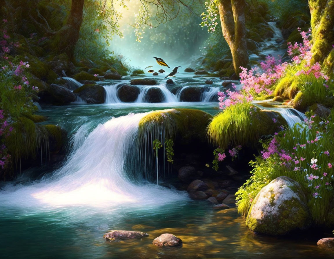 Tranquil creek waterfall in lush greenery with butterfly