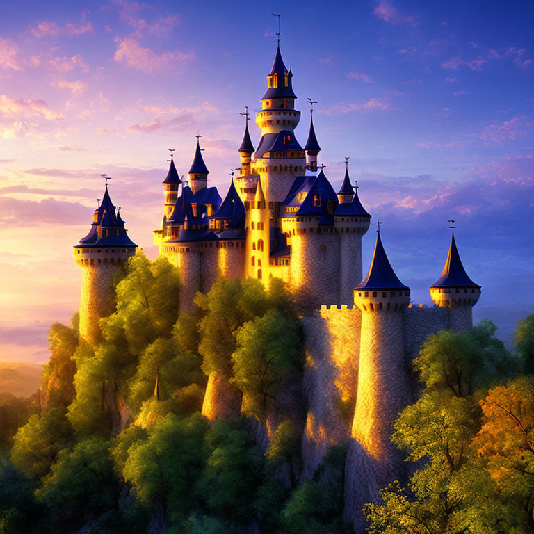 Majestic castle on hill in golden light