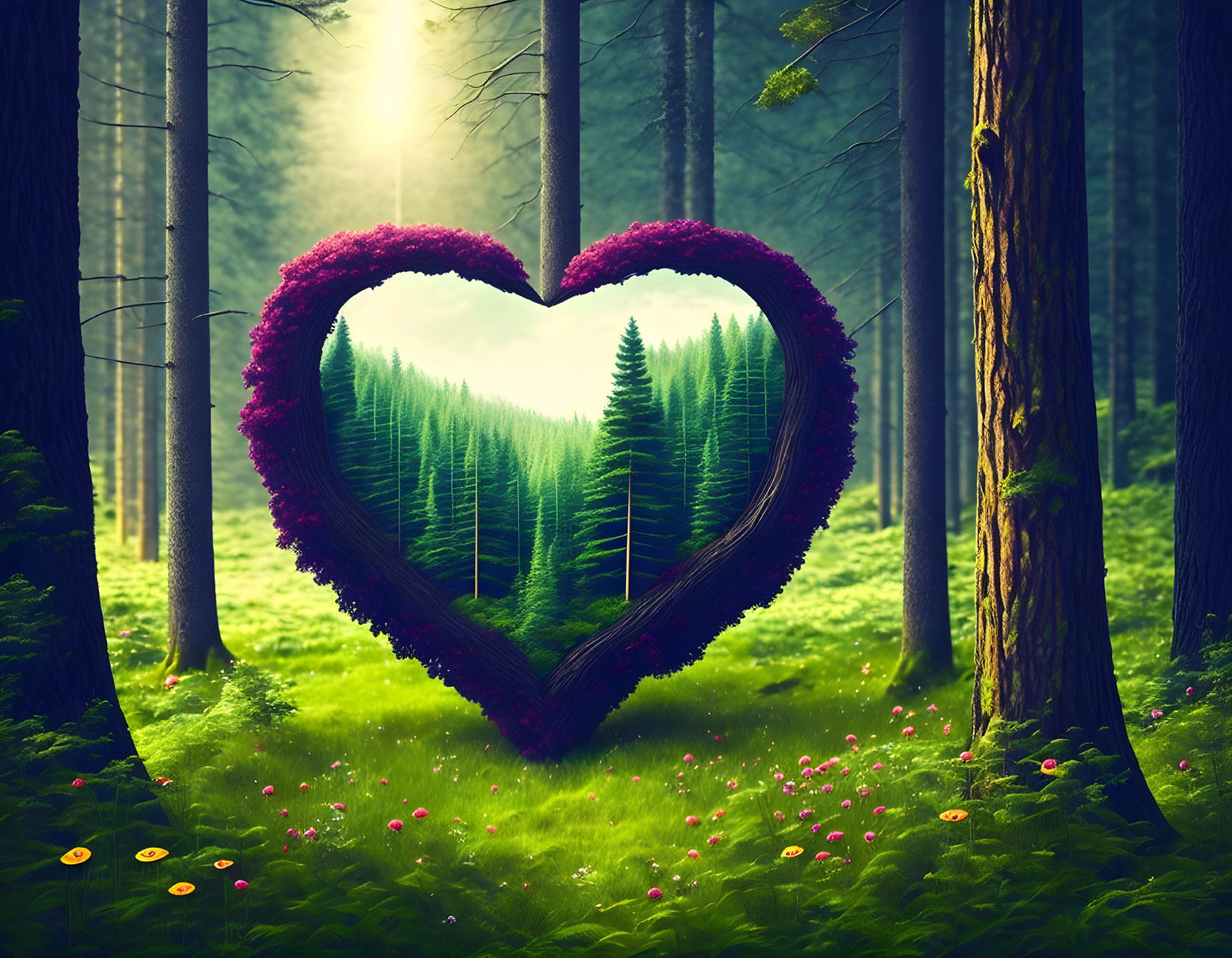 Heart-shaped portal to lush forest with towering trees and sunbeams