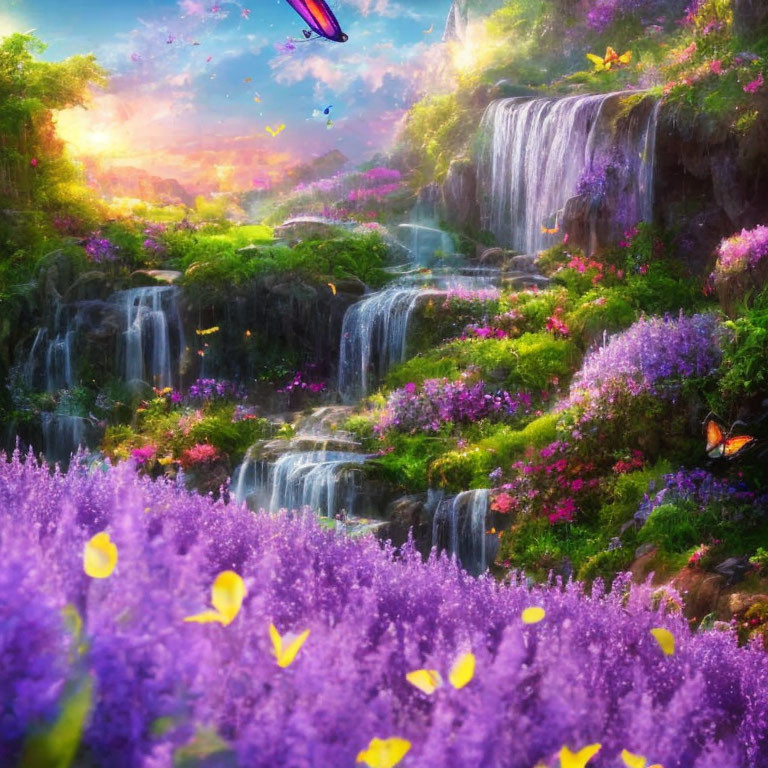 Fantasy landscape with waterfalls, purple flora, butterflies, and glowing sunset ambiance
