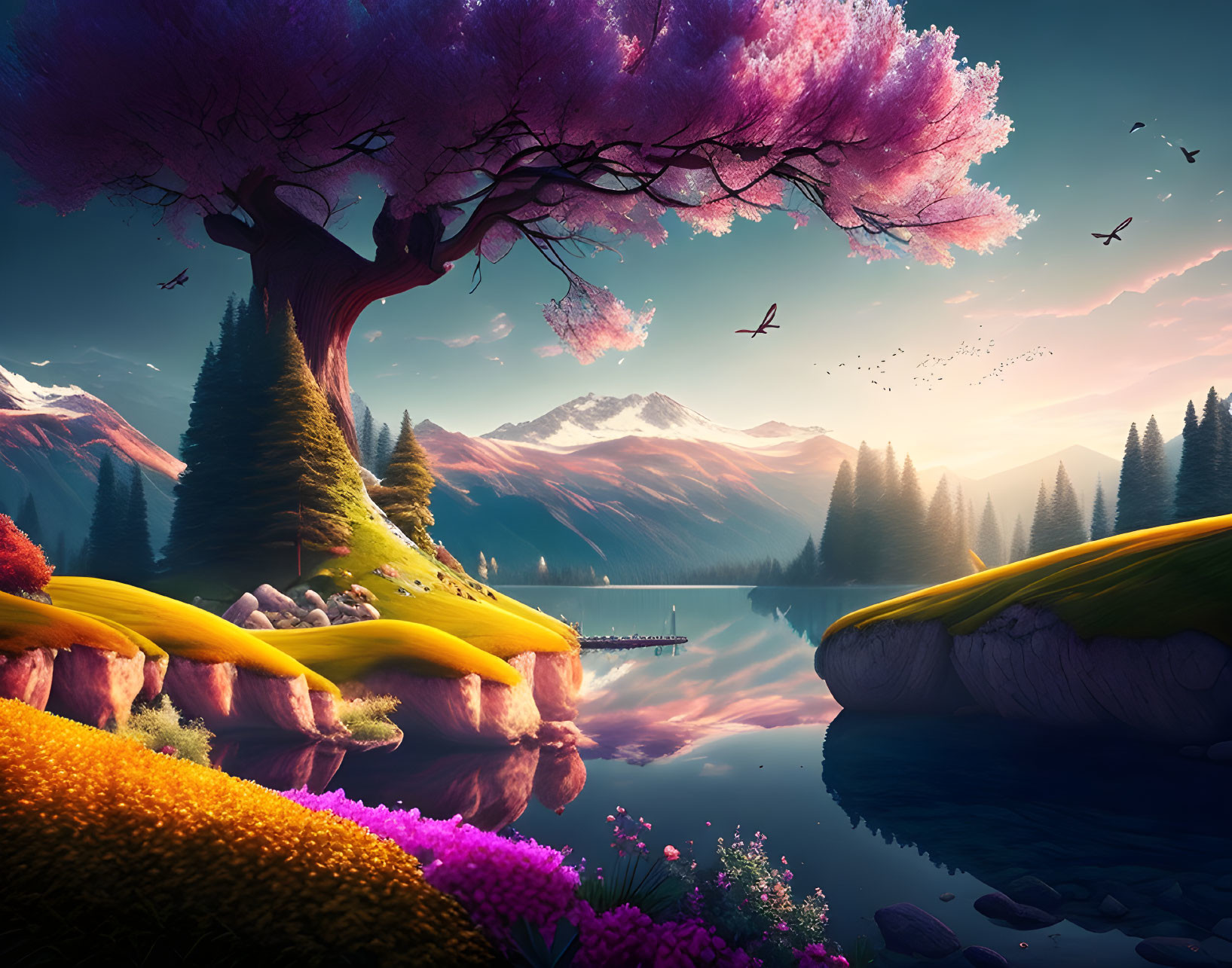 Colorful Cherry Blossom Tree in Surreal Landscape