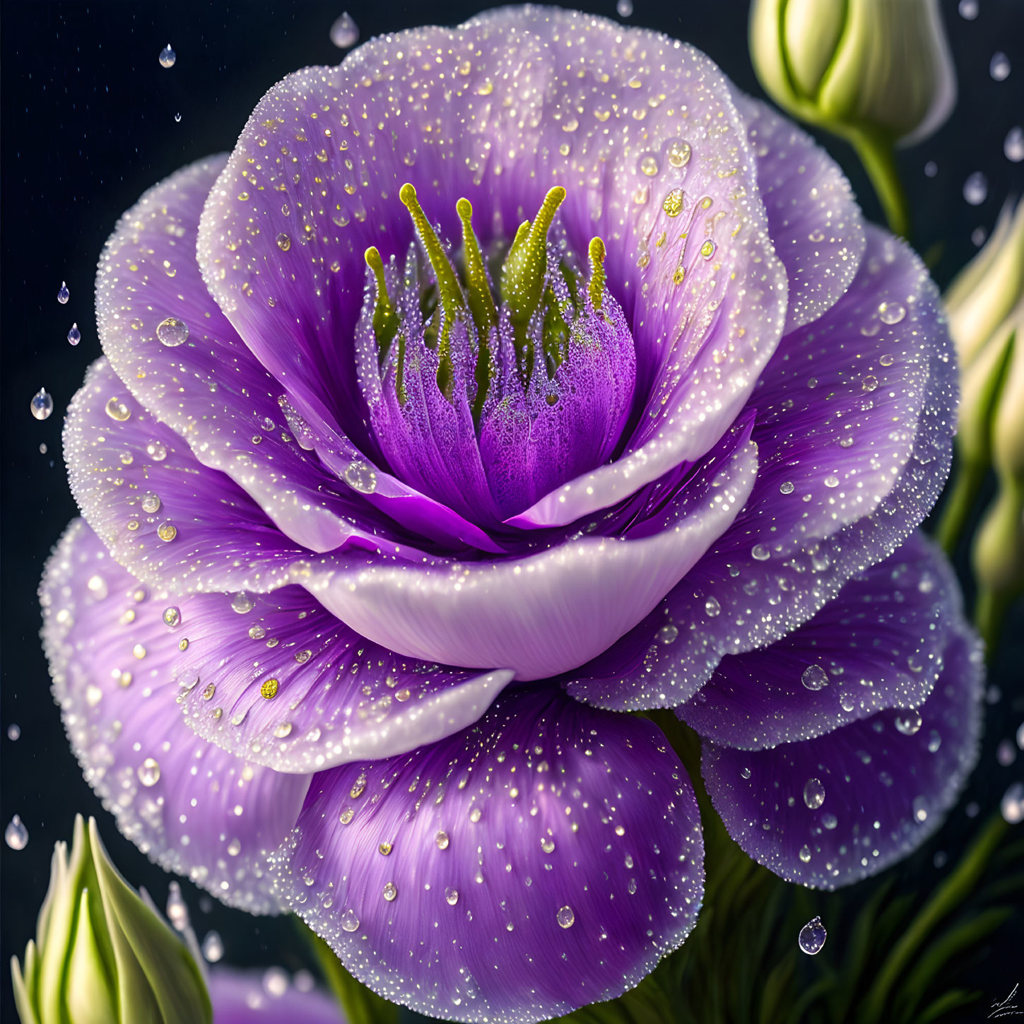 Detailed Purple and White Flower with Dew Drops on Petals against Dark Background