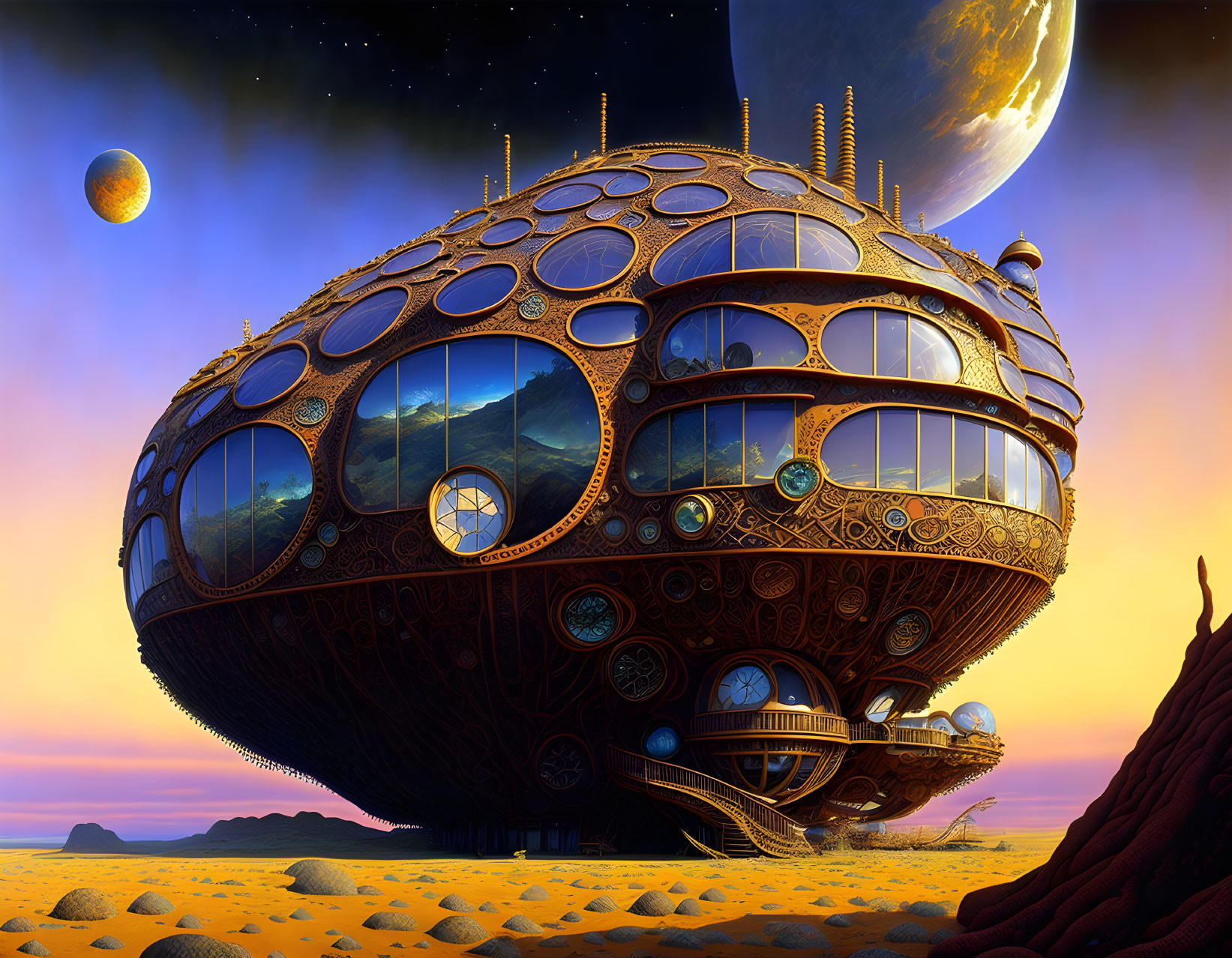 Steampunk-style spherical structure in desert landscape with circular windows