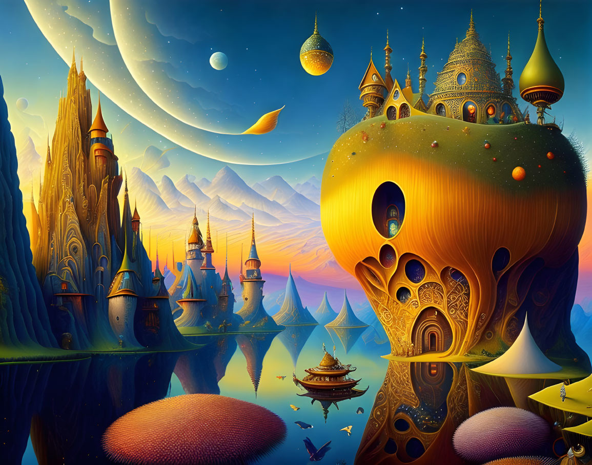 Whimsical landscape with castles, moon, skies, islands, and floating ship