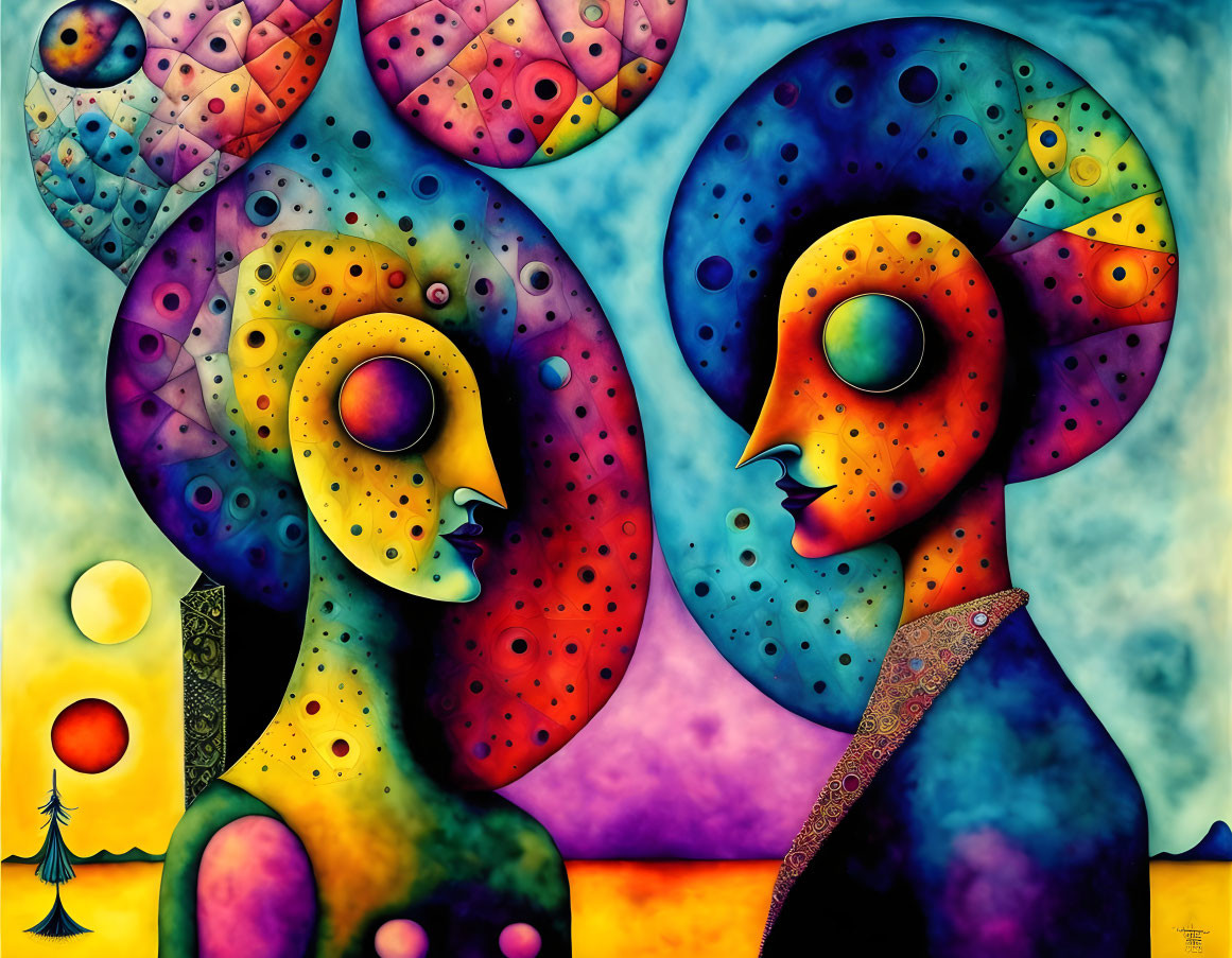 Vibrant abstract art: stylized figures, patterned skin, celestial elements
