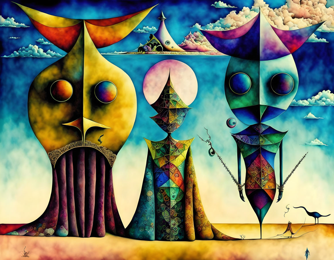 Colorful surreal painting: Three abstract figures under vibrant sky