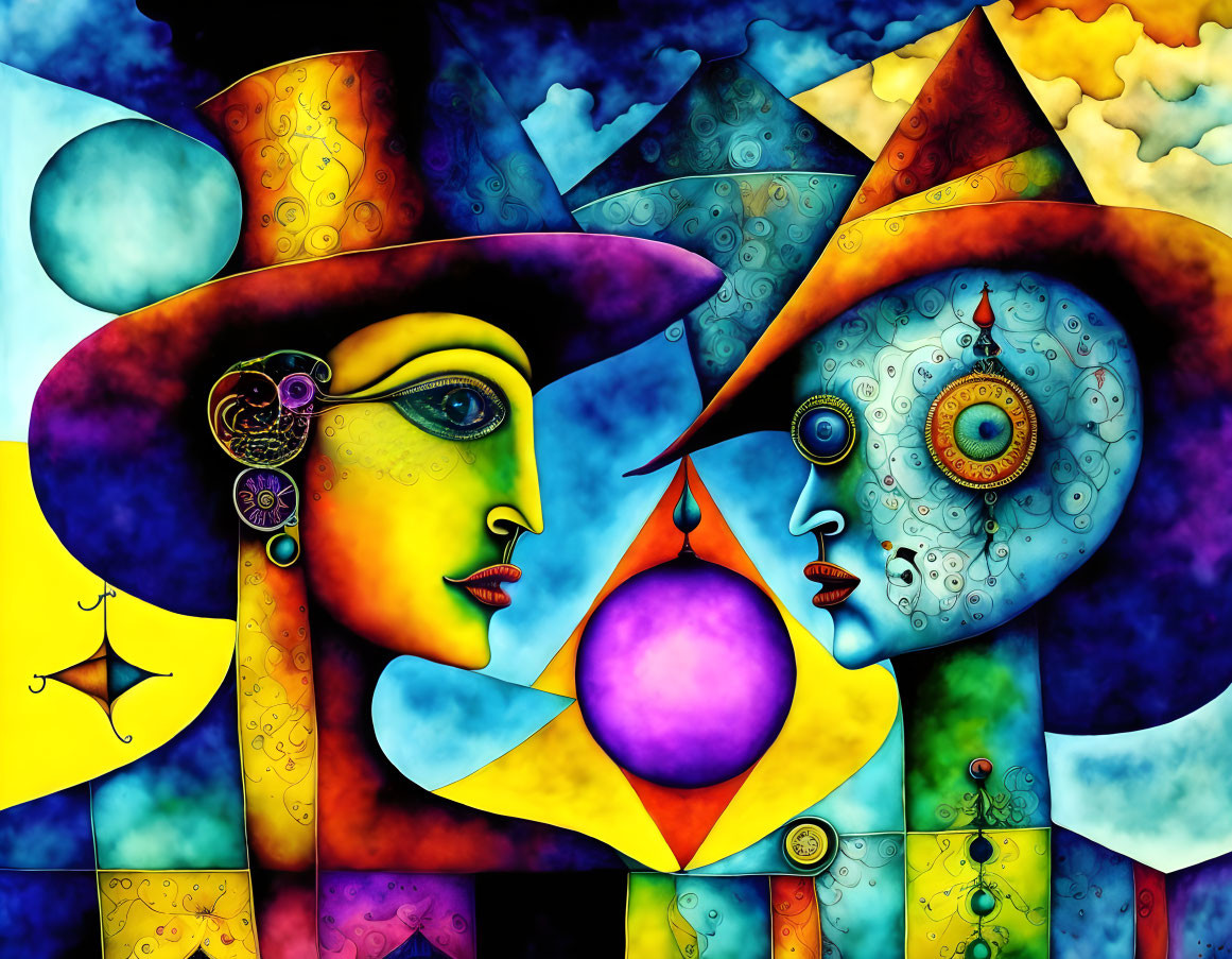 Colorful Stylized Faces with Hats in Clockwork Design
