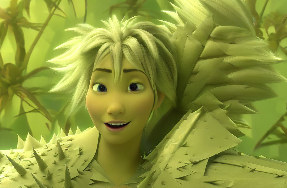 Spiky White-Haired Animated Character in Green Leafy Background