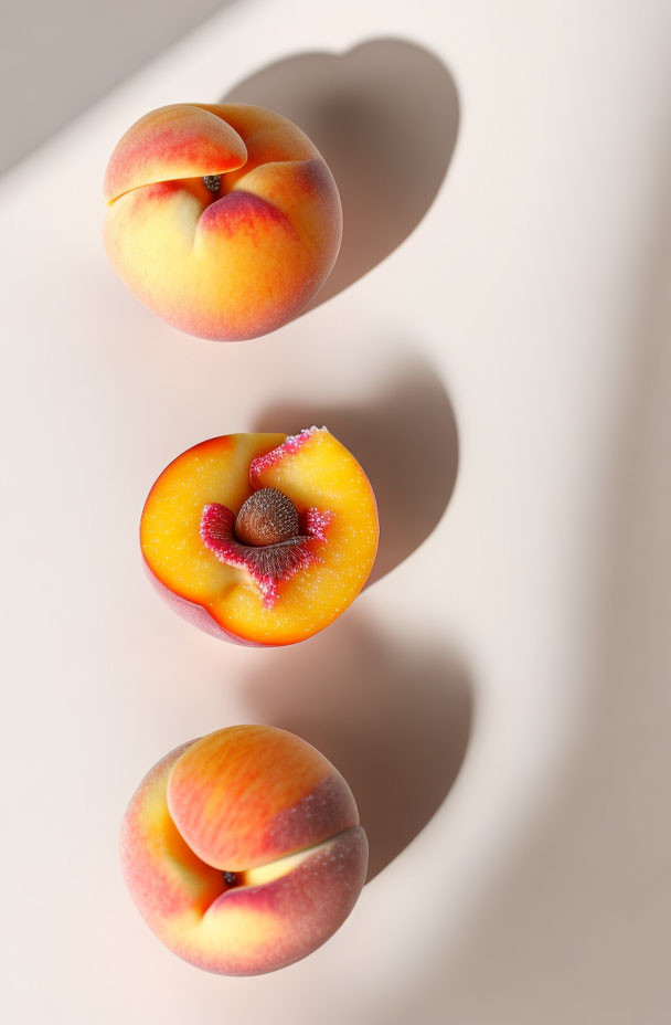 Fresh peaches on light surface with one sliced open