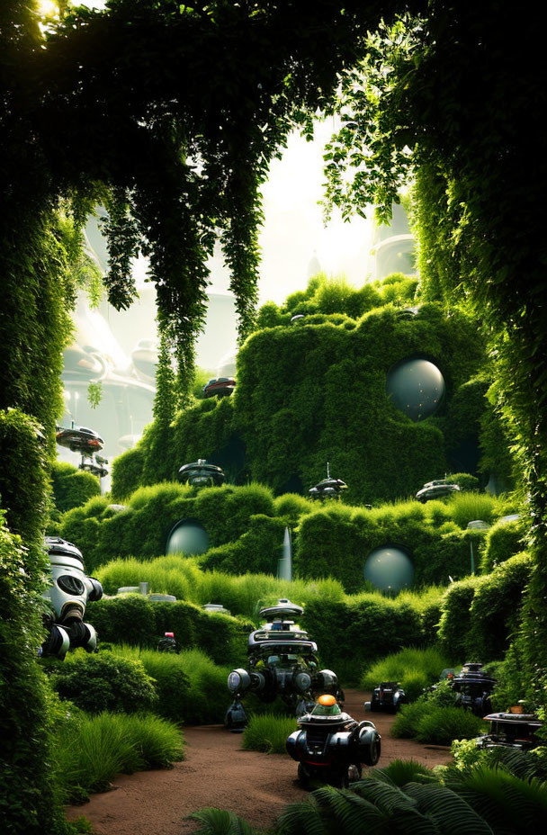 Futuristic garden with robotic structures in lush green setting