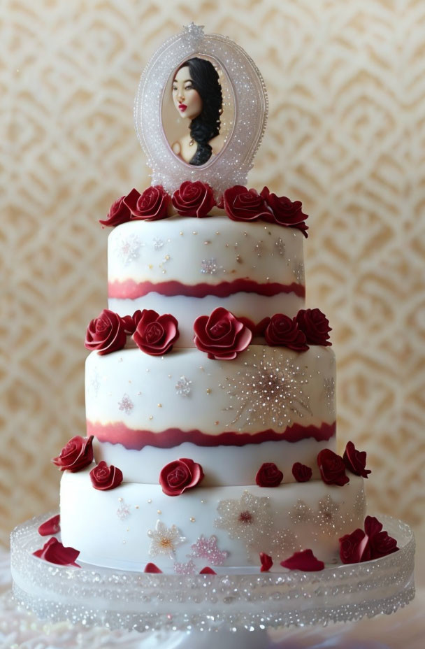 Elegant Three-Tiered White Wedding Cake with Red Roses and Mirror Topper
