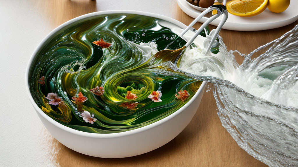 Swirling green and white liquid in bowl with flowers, lemons, and water stream